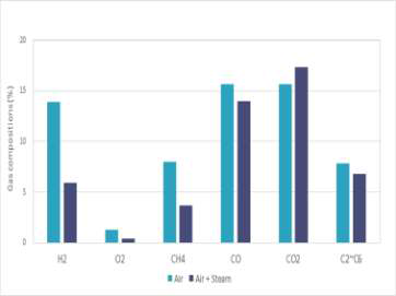 합성가스 조성에 대한 스팀의 영향(공기비 0.04)