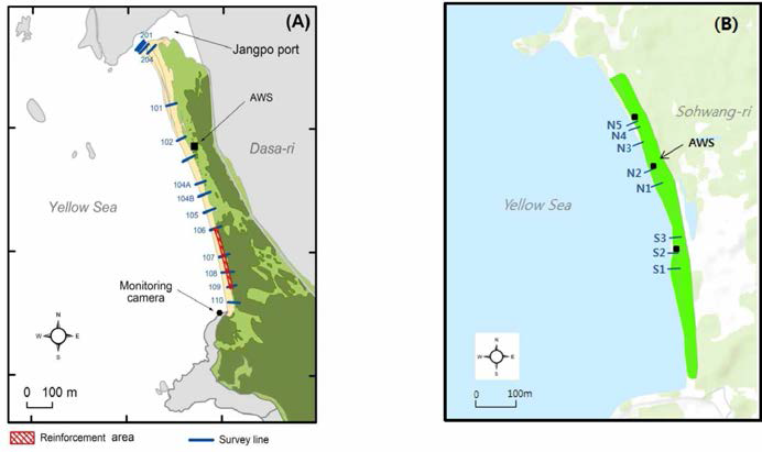 Location of study sites; Dasari coast (A), Sohwang coast (B)