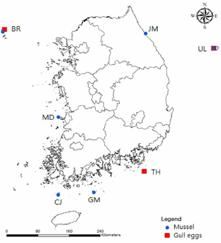 Location of sampling sites for mussels and eggs (2018)