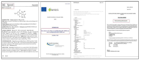 미국 Pesticide Manual, 유럽 과학자문위원회 의견서, 일본 J-CHECK자료, 호주 NICNAS보고서(왼쪽부터 차례대로)