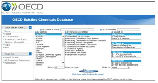 OECD Existing Chemicals Database 웹사이트 화면