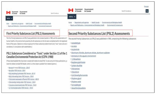 캐나다 환경부의 우선순위 물질 1,2 목록 정보제공 웹페이지 화면