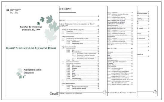 캐나다 우선순위목록1(PSL1)에 해당하는 물질의 평가보고서 목차