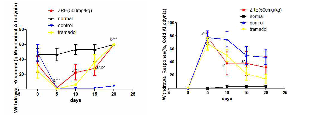 신경병증성 통증 흰쥐 모델에서 열성약인 ZRE 500mg/kg 투여군의 효능평가, *P<0.05, **P<0.01, ***P<0.001 vs. normal (a) or control (b) group