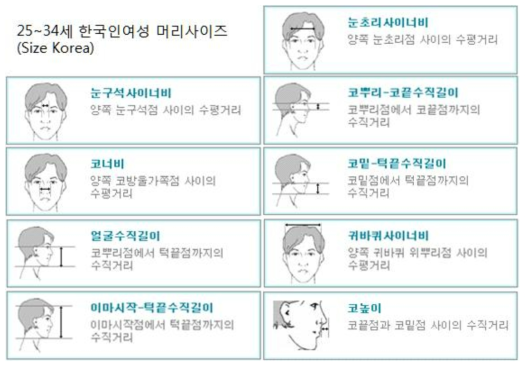 한국인 인체치수 데이터 중 사용한 9가지 치수의 종류