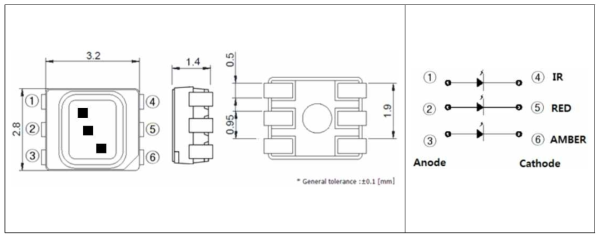 6-pin 3528 SMD LED Package Drawing과 LED chip 배열도