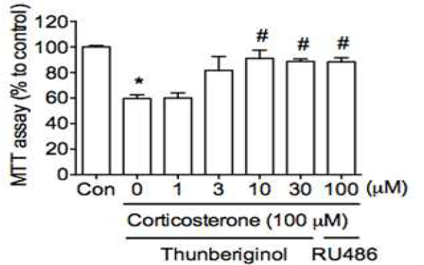 Corticosterone에 의한 세포사멸에 대한 thunberginol의 효과. (MTT assay)