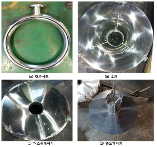 (a) 링파이프, (b) 호퍼, (c) 디스플레이서., (d) 폼브레이커 실제 제품 사진