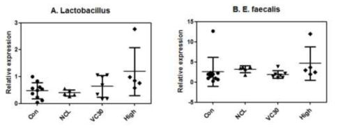 Relative expression of Lactobacillus(A) and E. faecalis (B) in the mice colon samples. The composition is shown to relative expression compared to total bacteria. Con: AIN93G + White biscuit 20 mg/day +Lactobaillus acidophilus ATCC 4356 109-1011 CFU, NCL; High fat diet + White biscuit 20 mg/day + Lactobaillus acidophilus ATCC 4356 109-1011 CFU, VC30:High fat diet + White biscuit 20 mg/day +Lactobaillus acidophilus ATCC 4356 109-1011 CFU + bluberry 30% ethanol extract 20 mg/bw·kg/day, High: High fat diet + blueberry biscuit 20 mg/day +Lactobaillus acidophilus ATCC 4356 109-1011 CFU