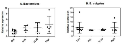 Relative expression of Bacteroides(A) and B. vulgatus(B) in the mice colon samples. The composition is shown to relative expression compared to total bacteria. Con: AIN93G + White biscuit 20 mg/day +Lactobaillus acidophilus ATCC 4356 109-1011 CFU, NCL; High fat diet + White biscuit 20 mg/day + Lactobaillus acidophilus ATCC 4356 109-1011 CFU, VC30:High fat diet + White biscuit 20 mg/day +Lactobaillus acidophilus ATCC 4356 109-1011 CFU + bluberry 30% ethanol extract 20 mg/bw·kg/day, High: High fat diet + blueberry biscuit 20 mg/day +Lactobaillus acidophilus ATCC 4356 109-1011 CFU