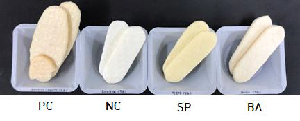 Appearance of organically processed foods (5g). PC, positive control (banana); NC, negative control (plain); SP, sweet pumpkin; BA, banana