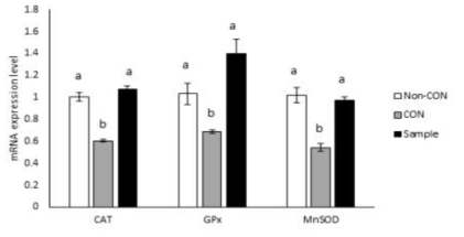 Effect of Sample on mRNA expression levels in muscle for fatty acid β-oxidation factors determined by RT-PCR. Data express the mean ± S.E. Different letters in a column are statistically different by Duncan‘s multiple range test (p < 0.05) Non-CON: non-exercise with D.W. CON: exercise with D.W. Sample: exercise with 1 g/kg b.w./day of sample