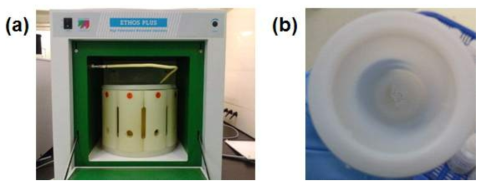 (a) Microwave digestion system (Ethod Plus, Milestone Srl., Italy) used for microwave-enhanced extraction with TMAH and (b) extraction residues in TFM vessel after microwave extraction