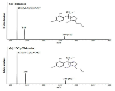 Product ion mass spectra of (a) [M]+ of thiamin at m/z 265 and (b) [M]+ of 13C4-thiamin at m/z 269