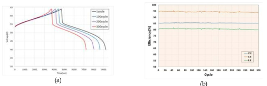 Test result graphs; Variation curves of (a)Charge/Discharge and (b)Efficiencies