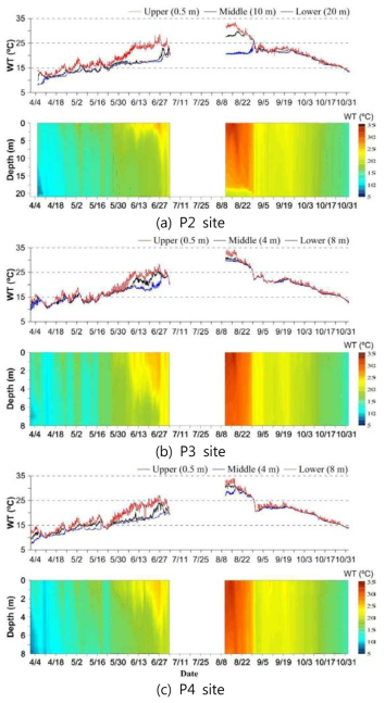 Time series and vertical distributions of measured water temperature at each site