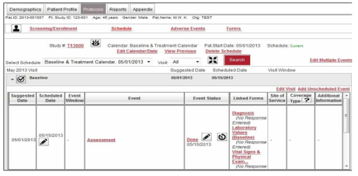 Manage > Patients: 일정표(Calendar) 적용 시 eCRF 입력 대기 화면