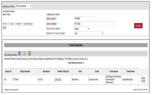 Data Extraction > Manage Query/CRF: Form Queries 조회 화면