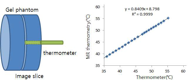 Gel phantom에 HIFU를 조사하고 실시간으로 MR thermometry를 시행하여 온도계의 측정 온도와 비교. 선형성이 매우 우수함