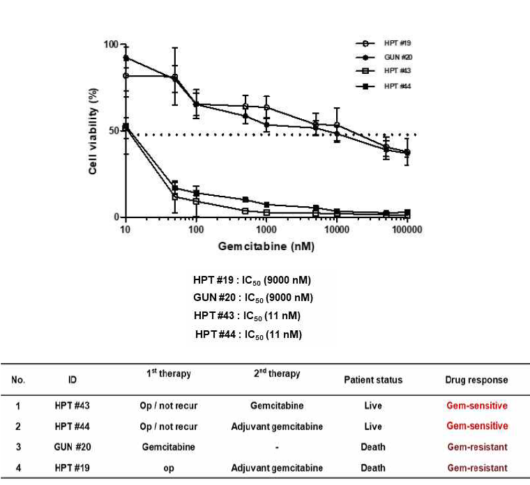PDX-유래 오가노이드의 약물 반응성과 환자 임상정보와의 연관성 평가 HPT #43, HPT #44 : 젬시타바인-민감성 환자군 및 GUN #20, HPT #19 : 젬시타바인-불감성 환자군