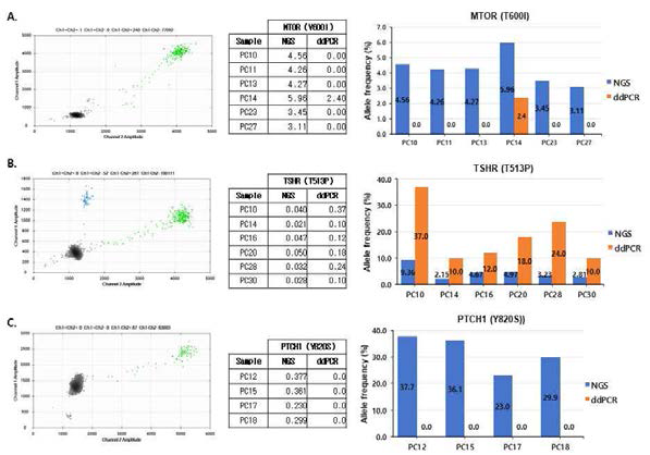 MTOR (A), TSHR (B), PTCH1 (C) 돌연변이가 확인된 환자의 FFPE 샘플에서 디자인한 probe를 이용하여 진행한 droplet digital PCR 결과 및 NGS 데이터와 비교