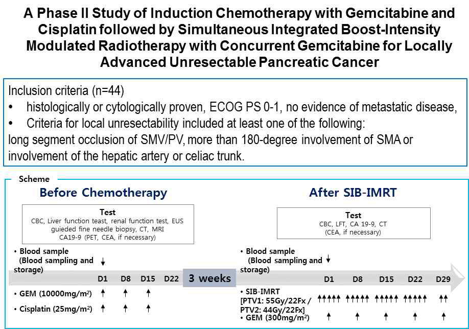 절제불가능 국소진행형 췌장암 환자의 유도항암요법과 항암방사선치료 복합치료 2상 연구