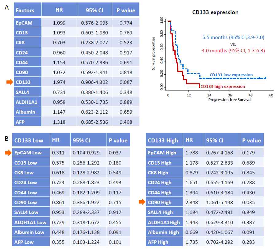 Predictors for progression-free survival. (A) progeression-free survival, (B) CD133 low expression and high expression