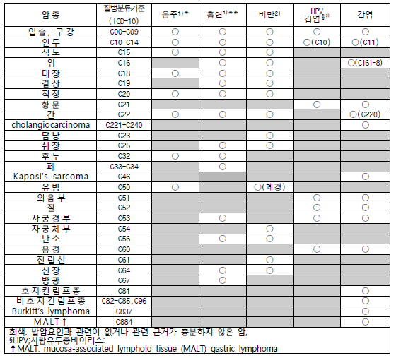 위험요인별 분석대상 암종