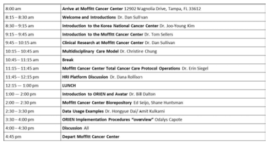 Moffitt Cancer Center 현지 방문 세부 일정