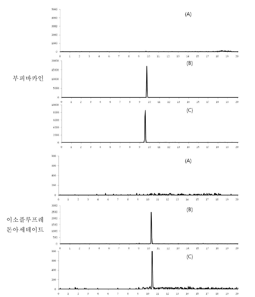 장어 중 특이성 : blank (A), standard solution (B) spiked sample(C)