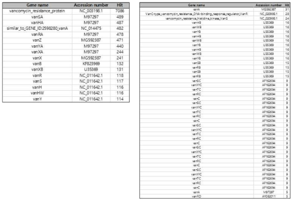 BLASTp로 검색된 그룹화되지 않는 밴코마이신 저항성 유전자 Van의 유전자 hit 빈도수 정렬 결과
