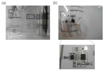 (a) R2R 인쇄 FPCB 이미지, (b) Si 칩 내장 인쇄 FPCB 이미지