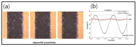 (a) 인쇄된 다이오드 광학 이미지 및 (b) 13.56 MHz의 정류 이미지