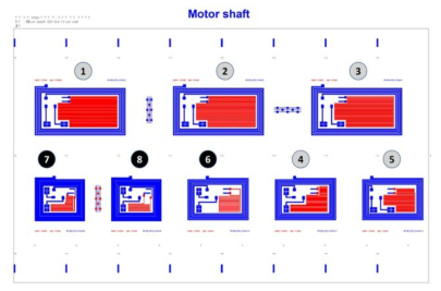 새로 설계한 R2R 인쇄 FPCB의 1도, 2도를 포함한 롤 제판 디자인 레이아웃(파랑색 패턴은 1도 인쇄 그리도 빨강색 패턴은 2도 인쇄)
