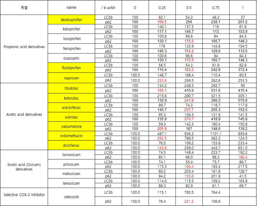20여종의 NSAID에서 오토파지 마커 정량 결과