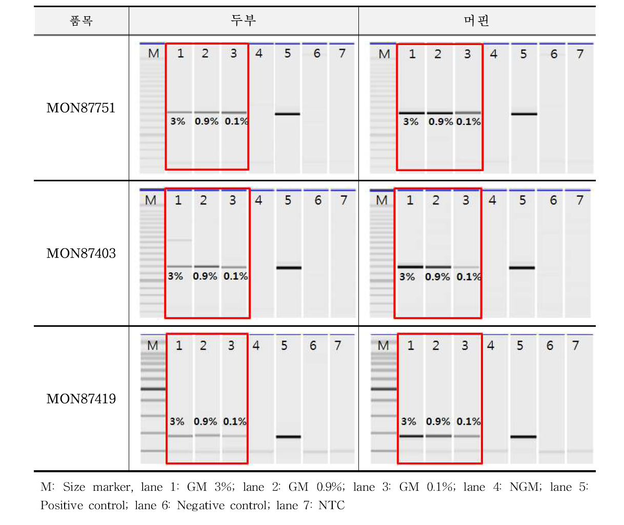 GM 콩(MON87751)과 GM 옥수수(MON87403, MON87419) 정성시험법의 가공식품 적용 가능성 확인 결과