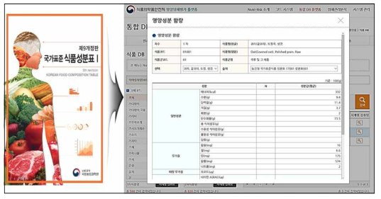 농진청 식품성분표 제9개정판 DB 구축 화면