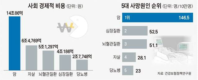 2012년을 기준으로 한 우리나라 5대 사인 및 사회경제적 손실비용