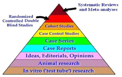 과학적 증거에 근거한 의학연구 피라미드:메타분석과 시스테믹 리뷰는 이 피라미드의 가장 고급 연구에 속함
