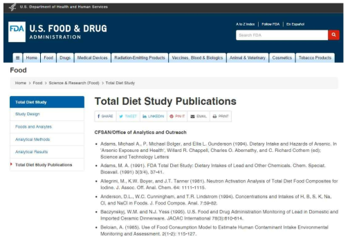 미국식품의약국(FDA)에서 발표되고 있는 총 식이조사 관련 연구 자료