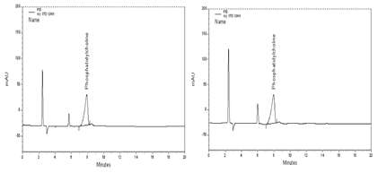 포스파티딜콜린 표준용액의 크로마토그램 (좌 : 대두, 우 : 난황)