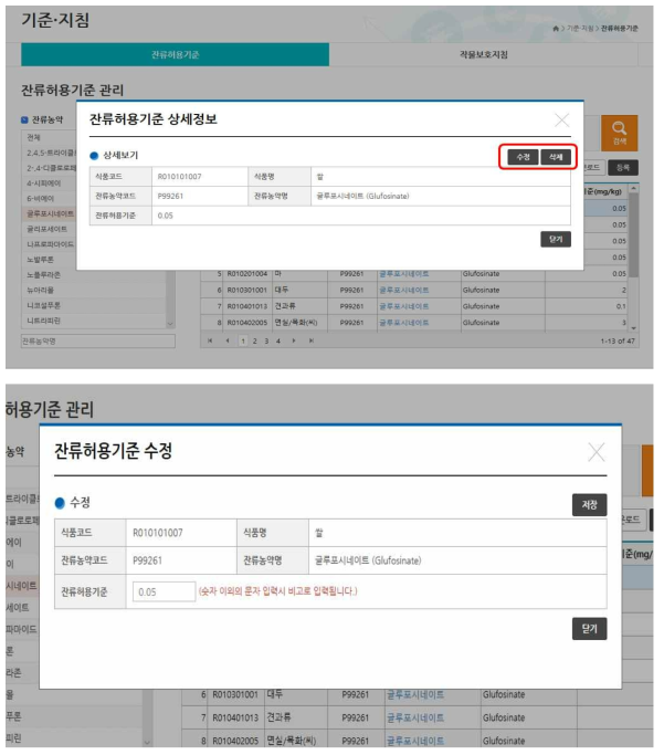 잔류농약별 잔류허용기준 수정 및 삭제 관련 화면