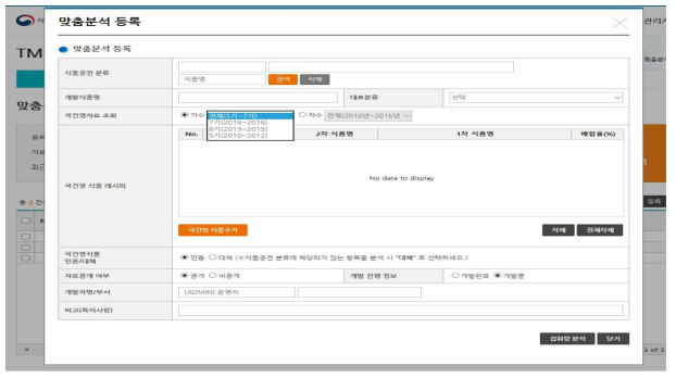 TMDI 산출을 위한 국민건강영양조사 맞춤분석 등록 화면