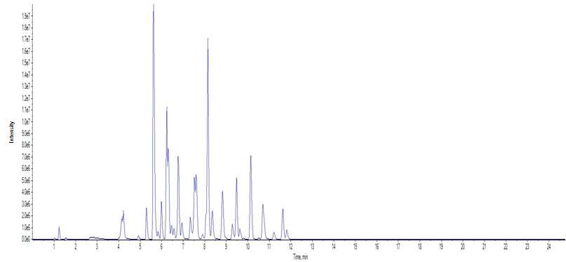 Chromatogram of of standard solution of 55 pesticides at 0.5 mg/kg