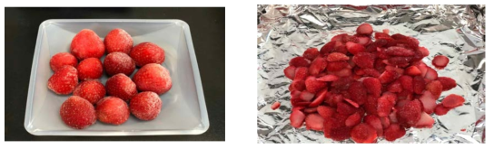 시험법 개선에 사용된 냉동 딸기 시료(왼쪽), 세절 후 냉동 딸기 시료(오른쪽)