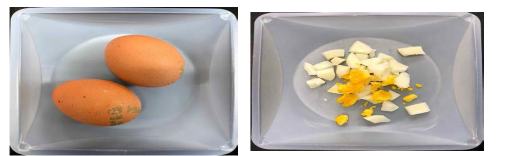 시험법 개발에 사용된 삶은 달걀 시료(왼쪽), 세절 후 삶은 달걀 시료(오른쪽)