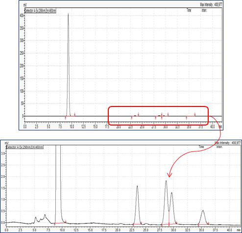 HPLC-FLD를 이용한 비타민 A, E 동시분석 결과 크로마토그램 (Ex : 298 nm, Em : 460 nm)