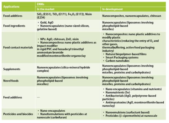 식품산업에서 사용되고 있는 나노물질의 적용 및 응용(Pico, 2016)