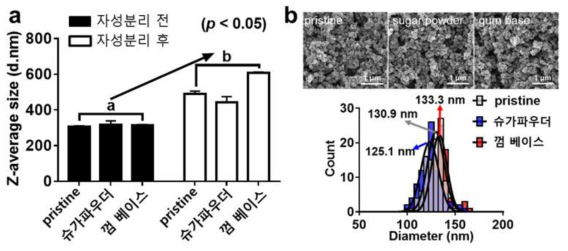 모사식품으로부터 회수한 이산화티타늄의 입자크기 측정 결과 (a)동적 광 산란, (b)주사전사현미경을 통한 입자크기분포도