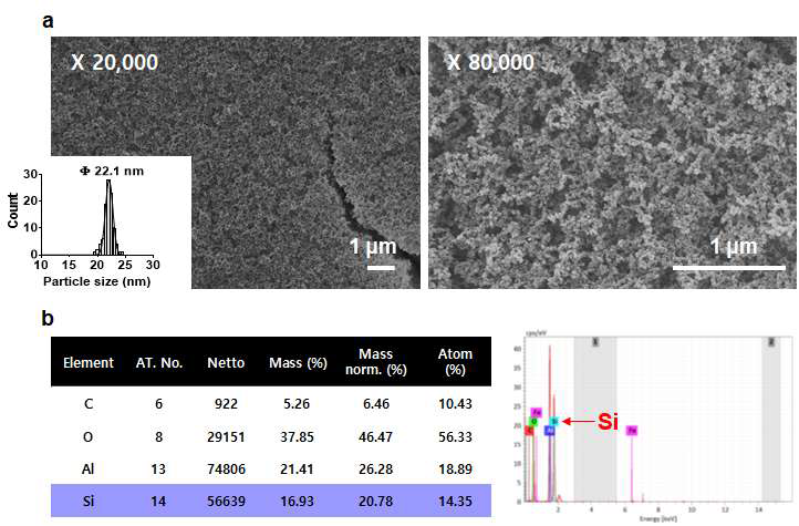 (a) SBP가 수식된 자성입자에 의해 자성분리 된 이산화규소의 SEM 이미지 및 (b) 원소 정성·정량 분석 결과